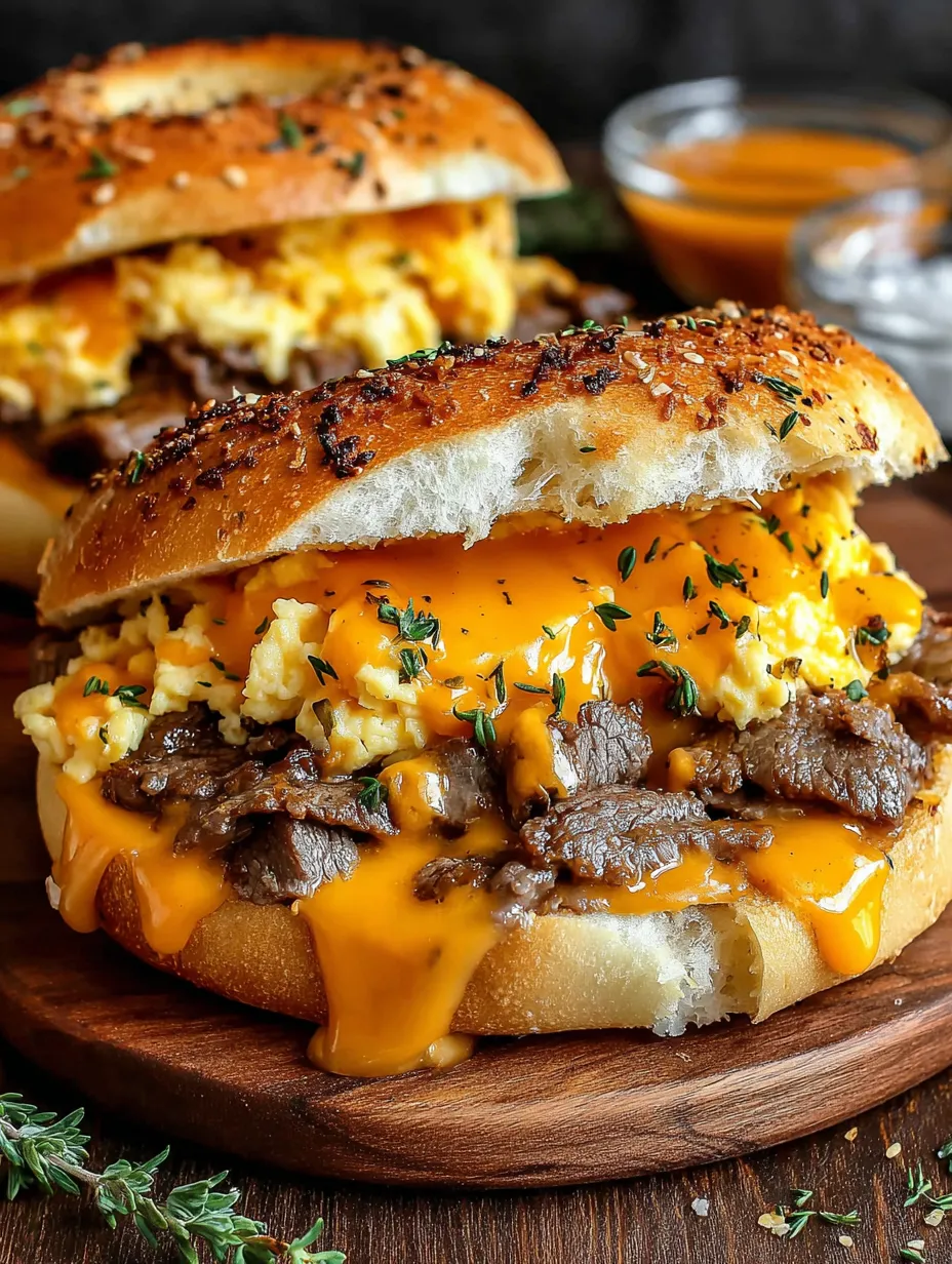 A steak egg cheese bagel sandwich.