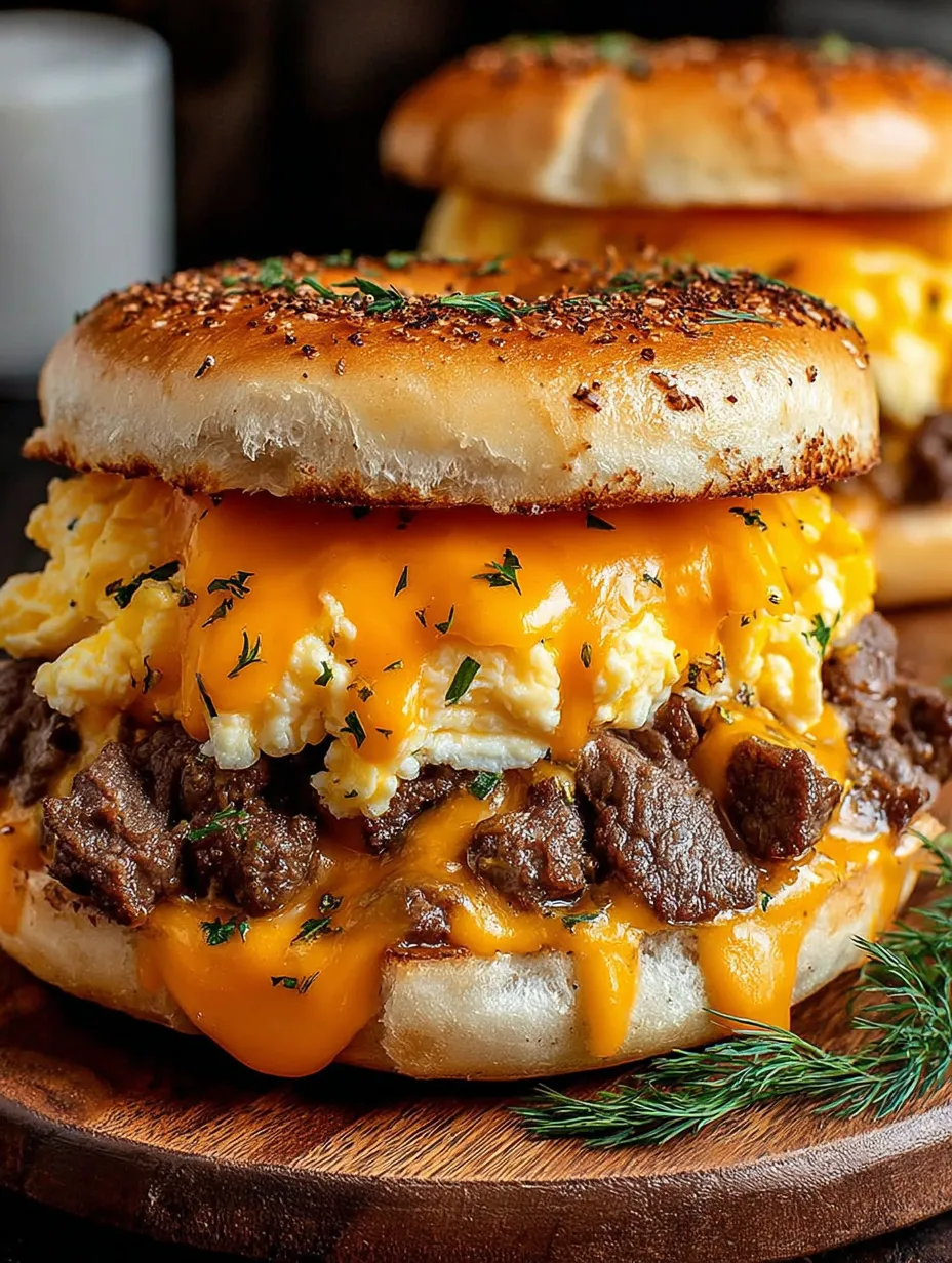 A bagel with steak, egg, and cheese on top.