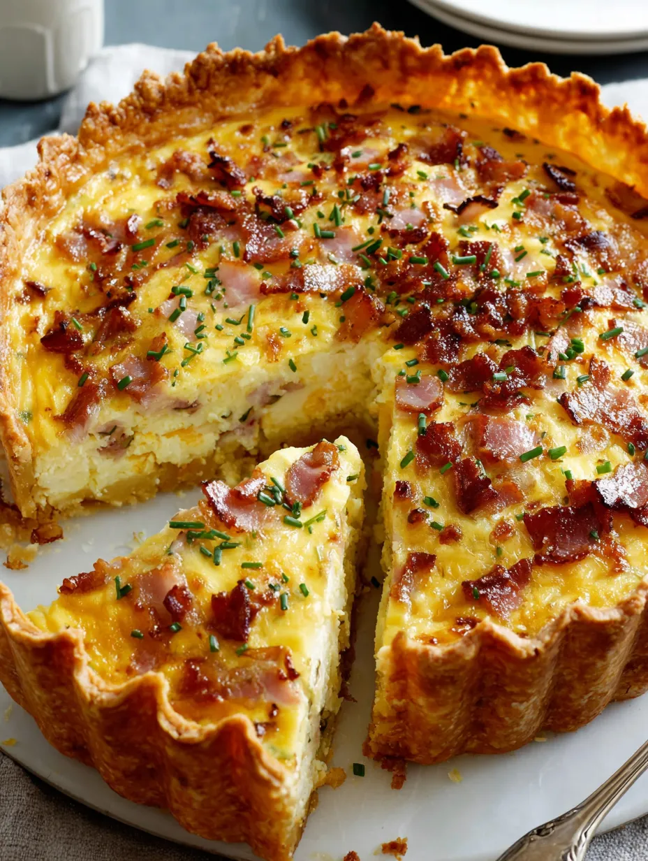 A slice of bacon and cheddar quiche.