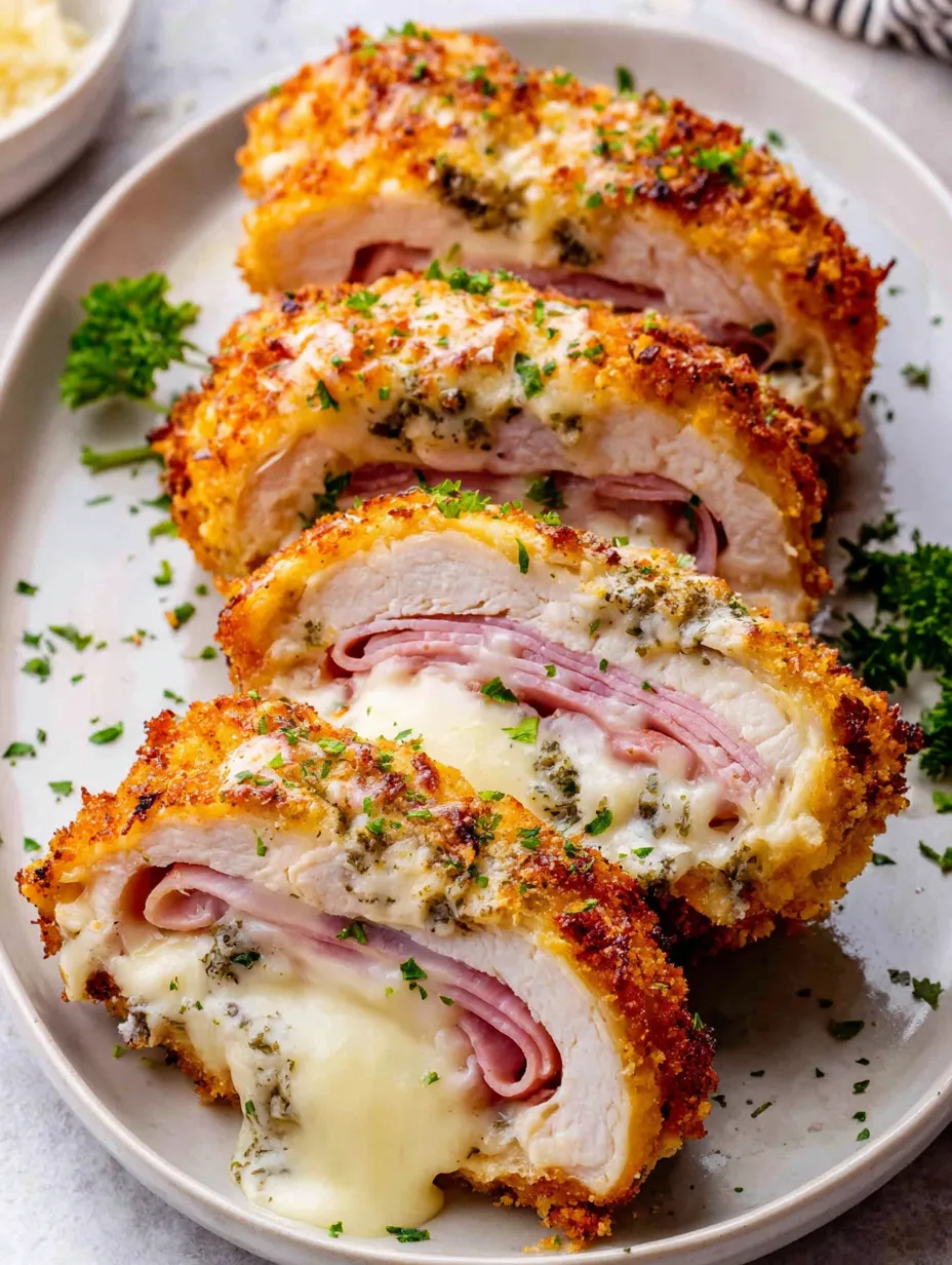 A plate of chicken cordon bleu.