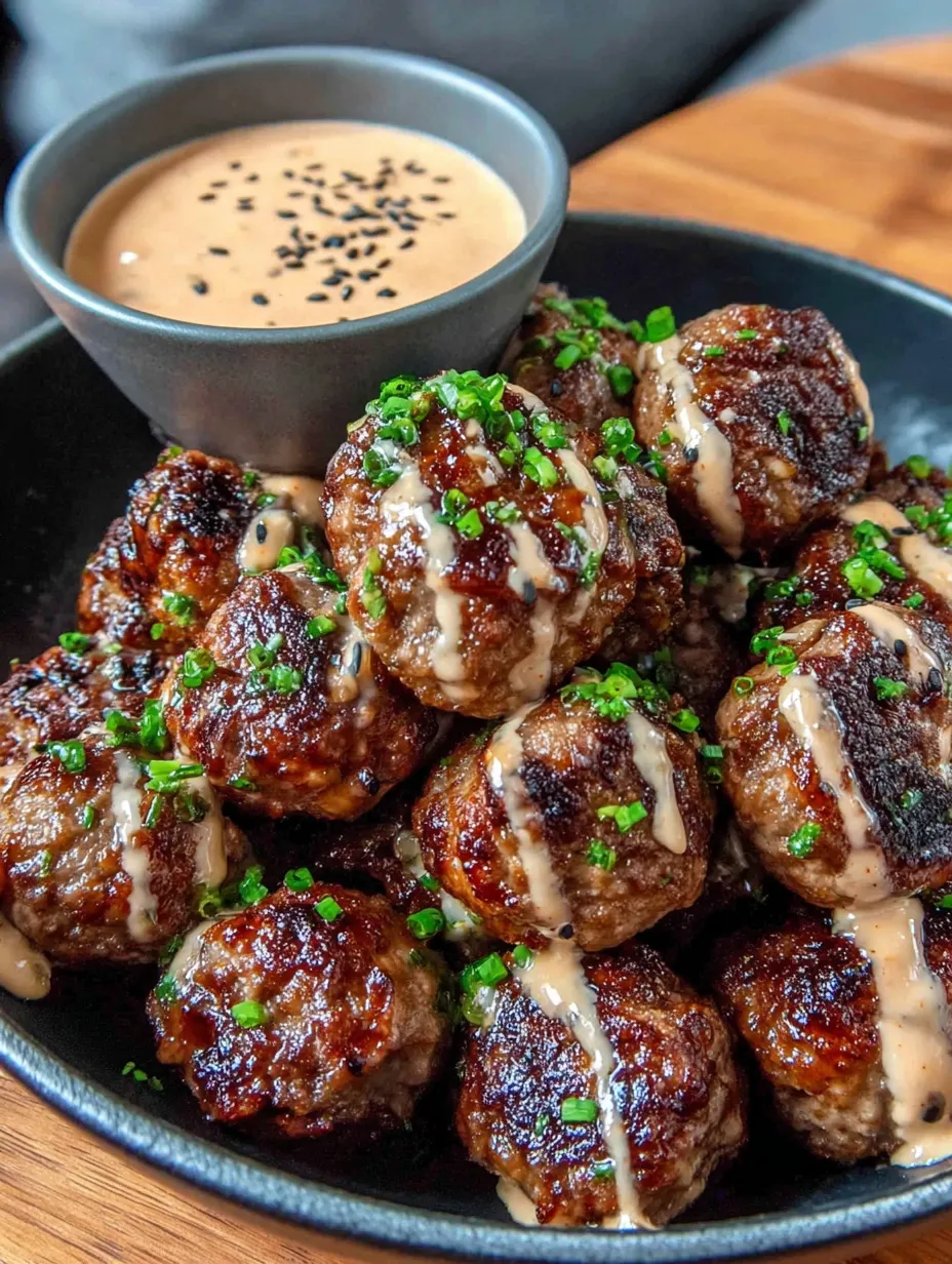 A plate of meatballs with a spicy mayo dip.