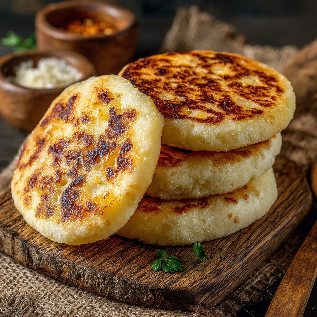 Arepas con queso on a wooden table.