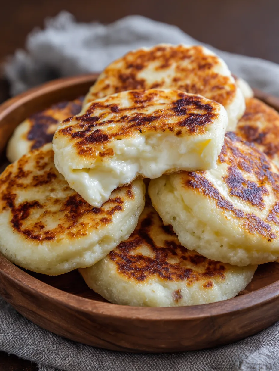 Arepas con queso stacked in a bowl.