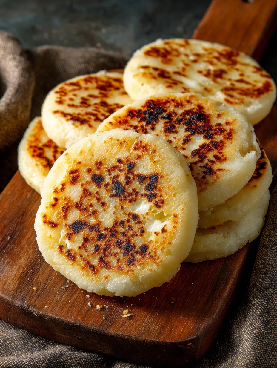 Arepas con queso on a wooden board.