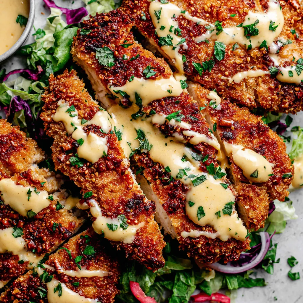A plate of chicken with a sauce on it.