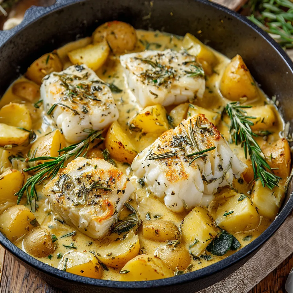 A dish of fish and potatoes in a cream sauce.