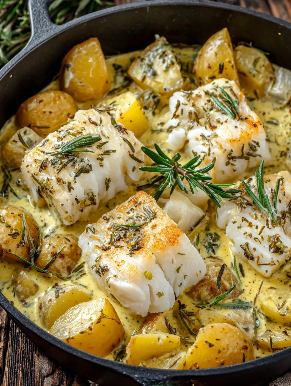 A dish of cod and potatoes in a cream sauce.