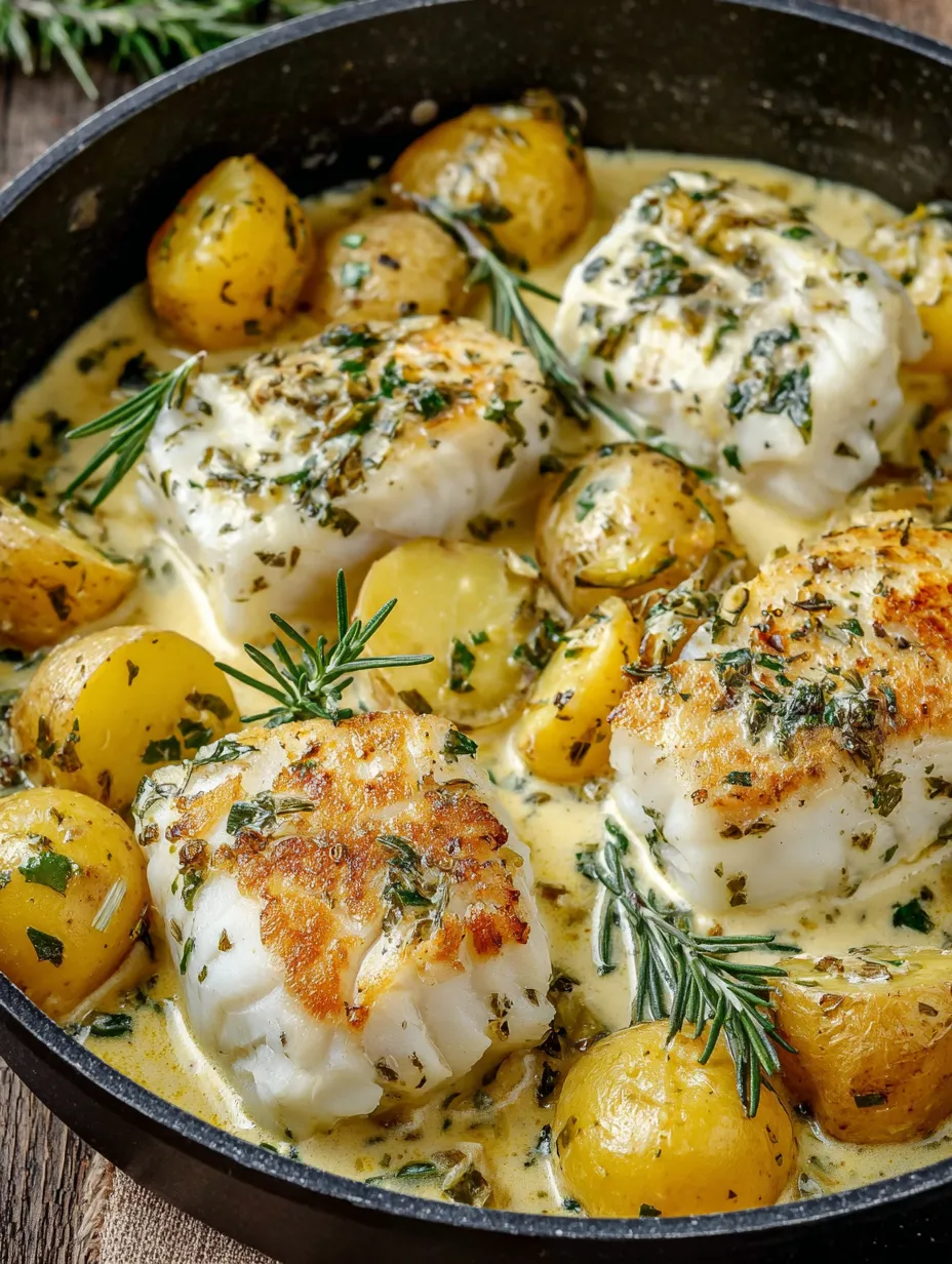 A dish of cod and potatoes in a cream sauce.