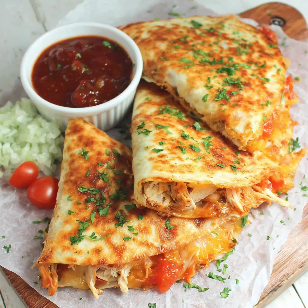 A Keto Chicken Quesadilla with a side of salsa.
