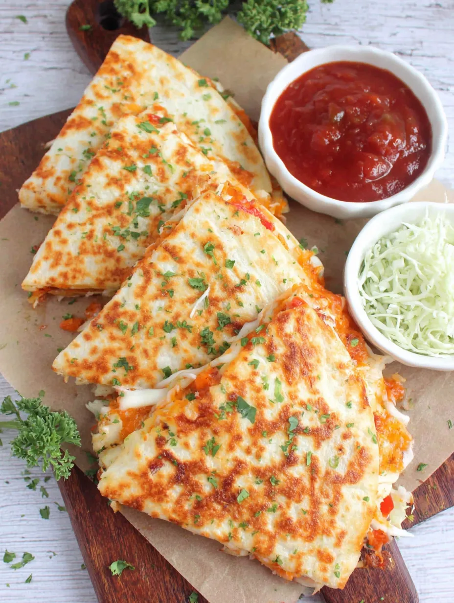 A plate of food with a keto chicken quesadilla and a bowl of sauce.