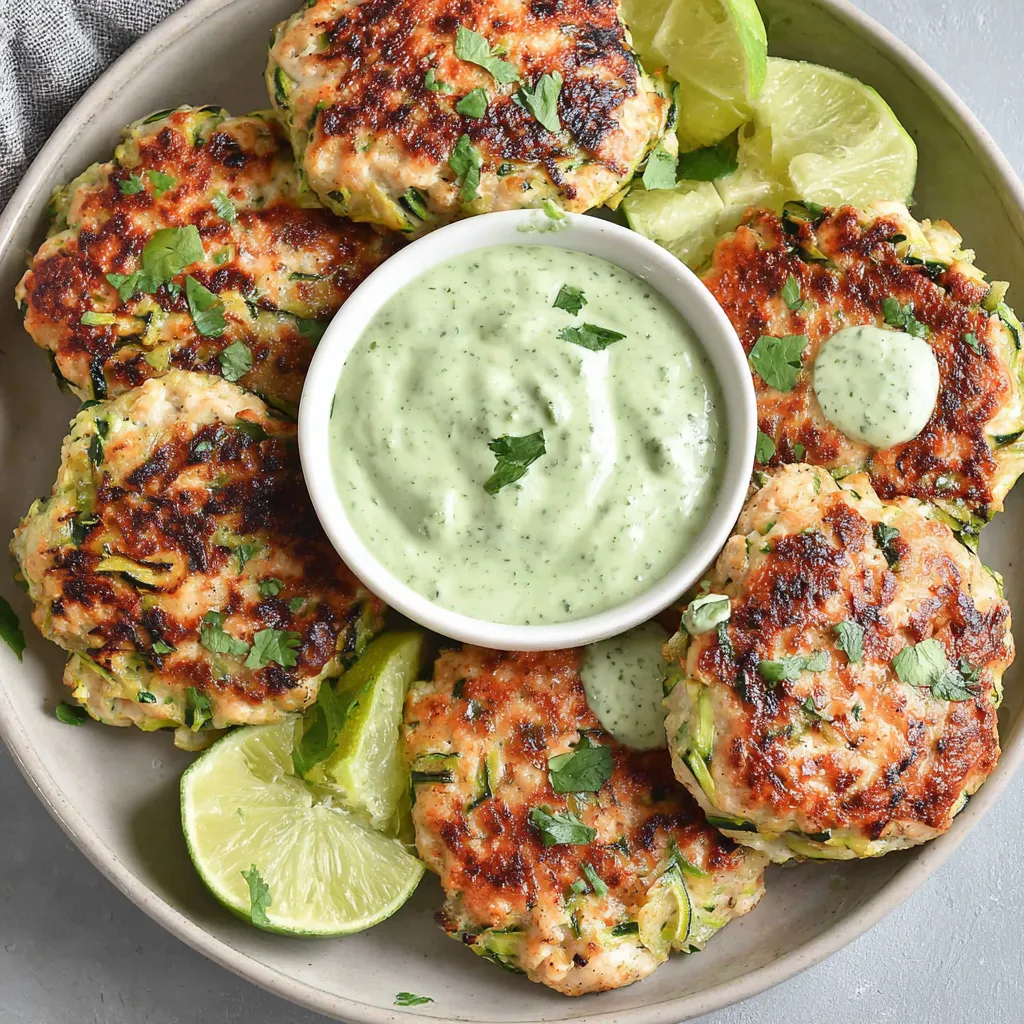 A plate of chicken zucchini poppers with a bowl of sauce.