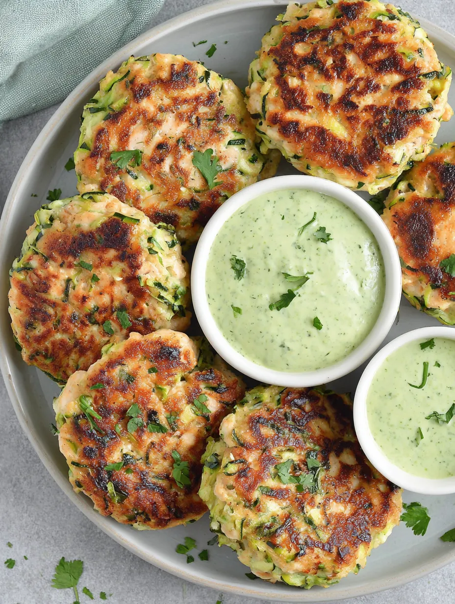 A plate of chicken zucchini poppers with a white sauce.