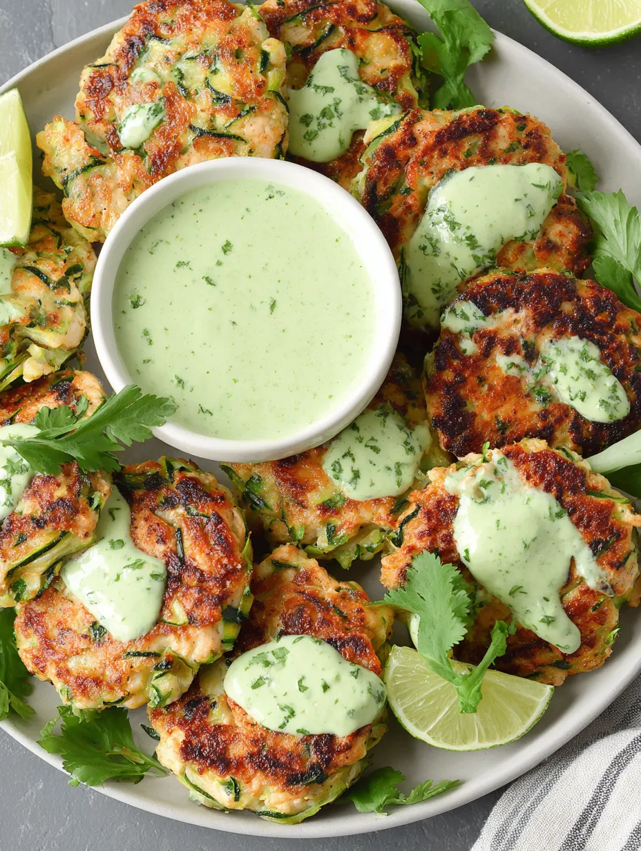 A plate of chicken zucchini poppers with a bowl of sauce.
