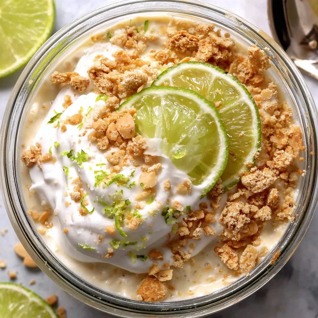 A bowl of gluten free keylime pie with a slice of lime on top.