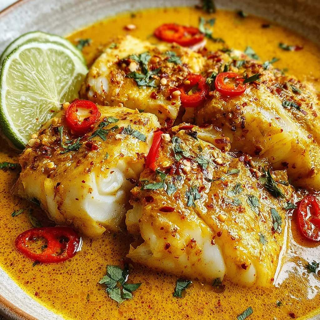A dish of baked cod with a coconut curry sauce.