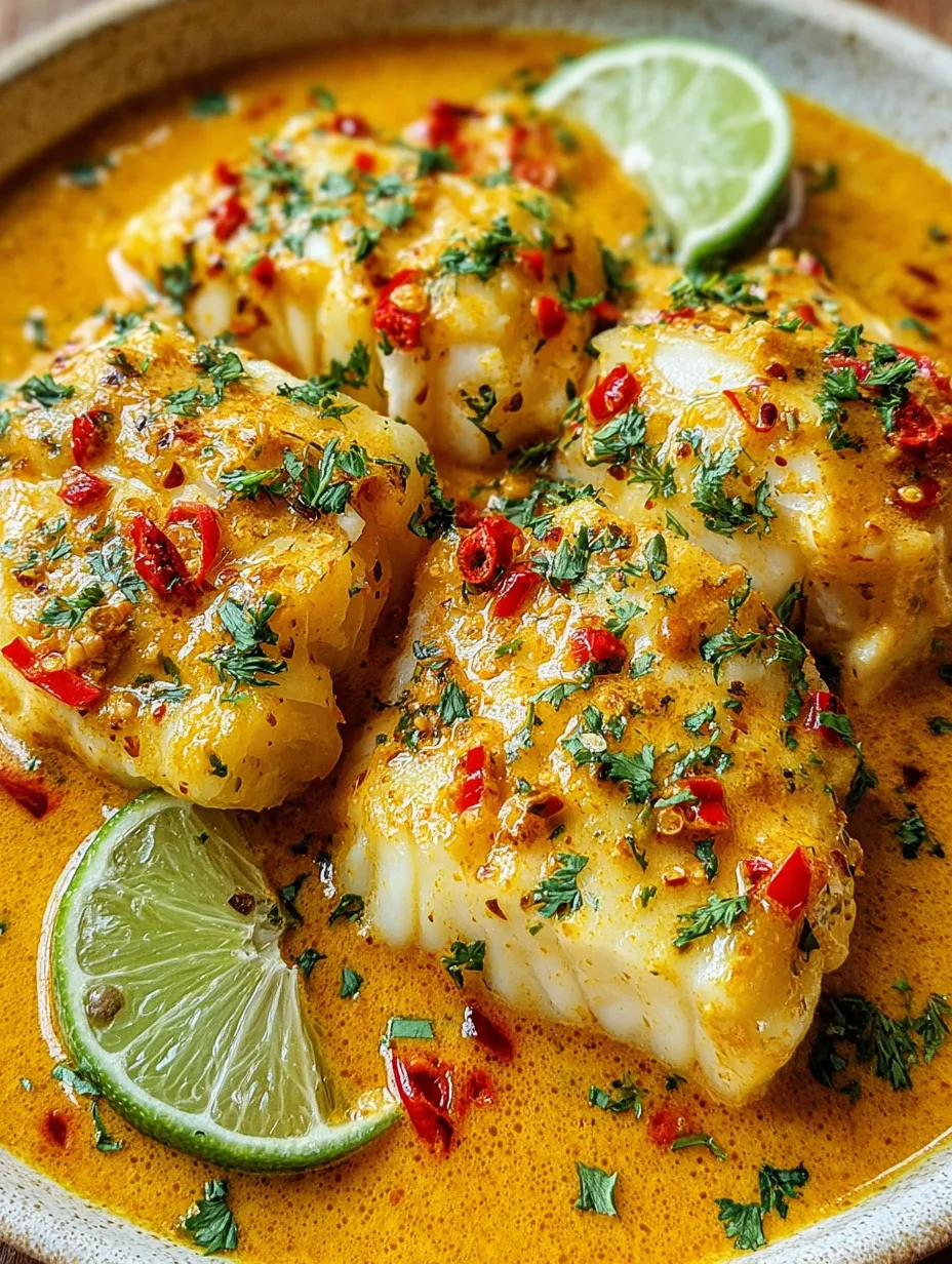 A dish of baked cod with a coconut curry sauce.