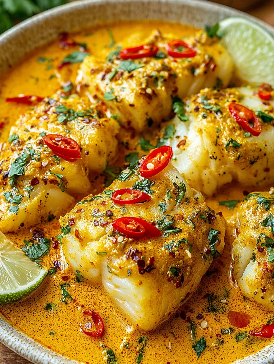A dish of baked cod with a coconut curry sauce.