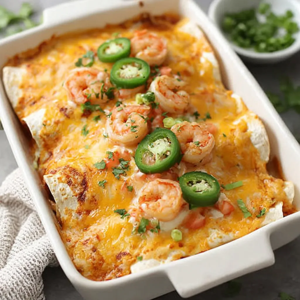 A white bowl filled with shrimp enchiladas.