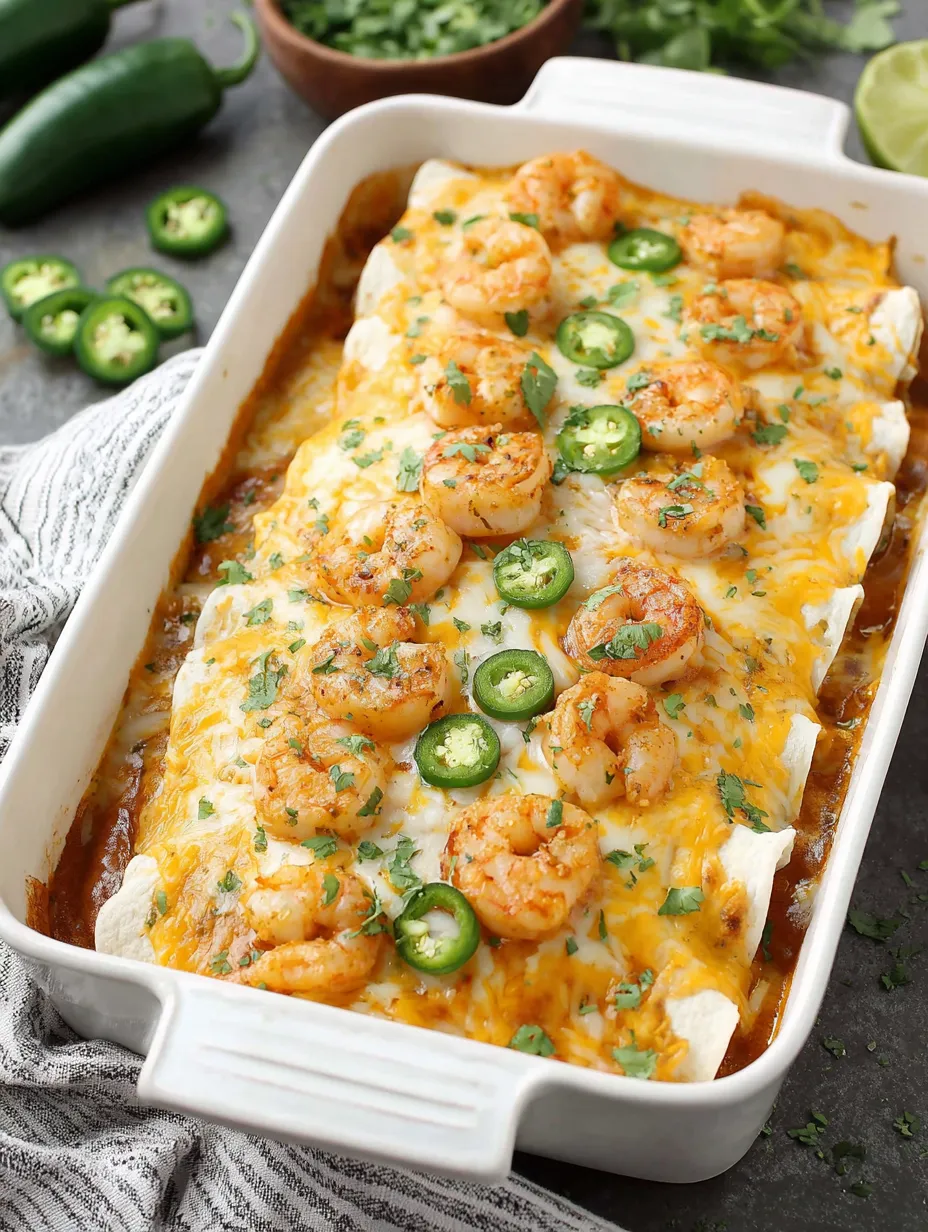 A dish of shrimp enchiladas with green peppers.