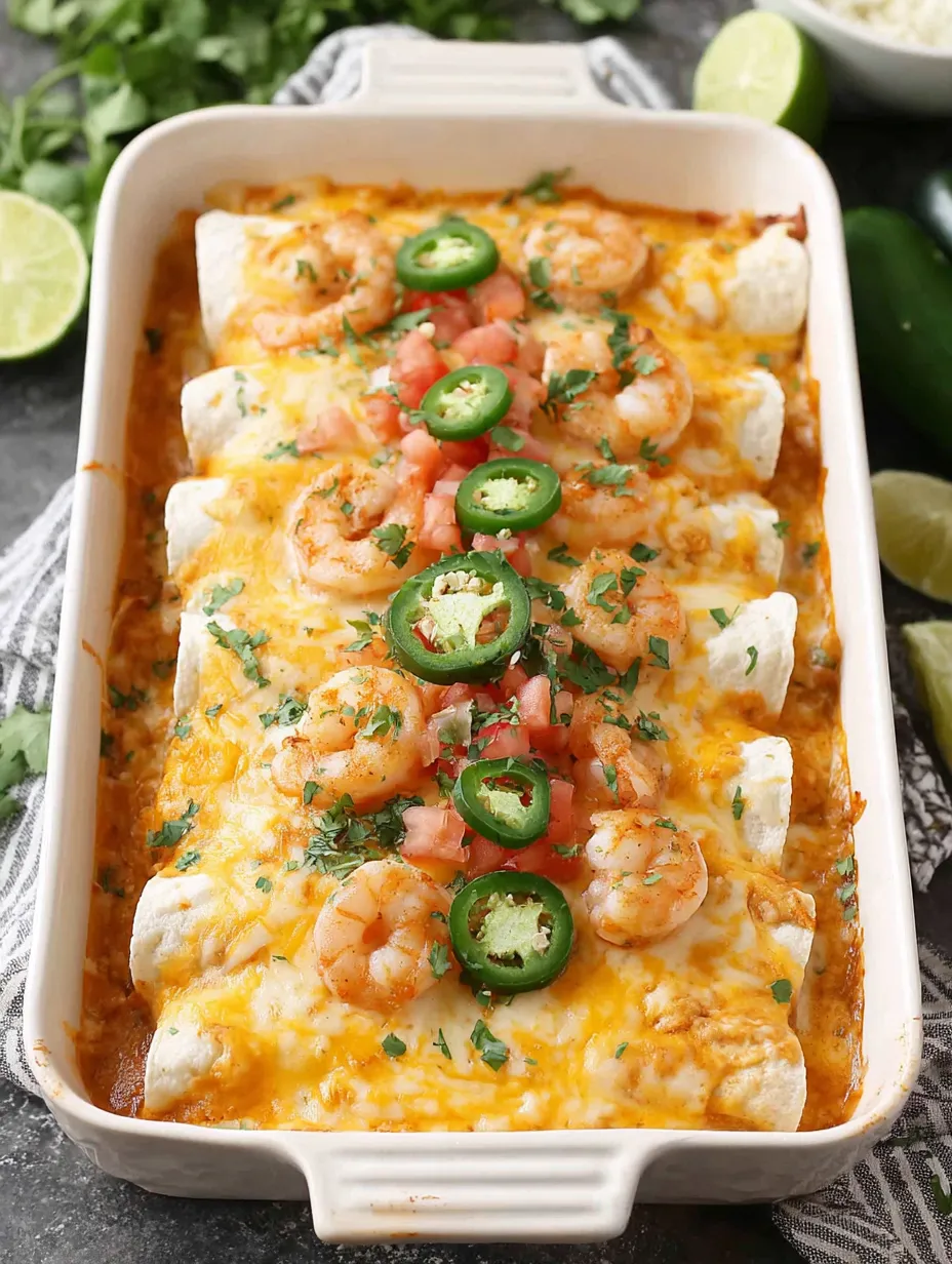 A dish of shrimp enchiladas with tomatoes and jalapenos.