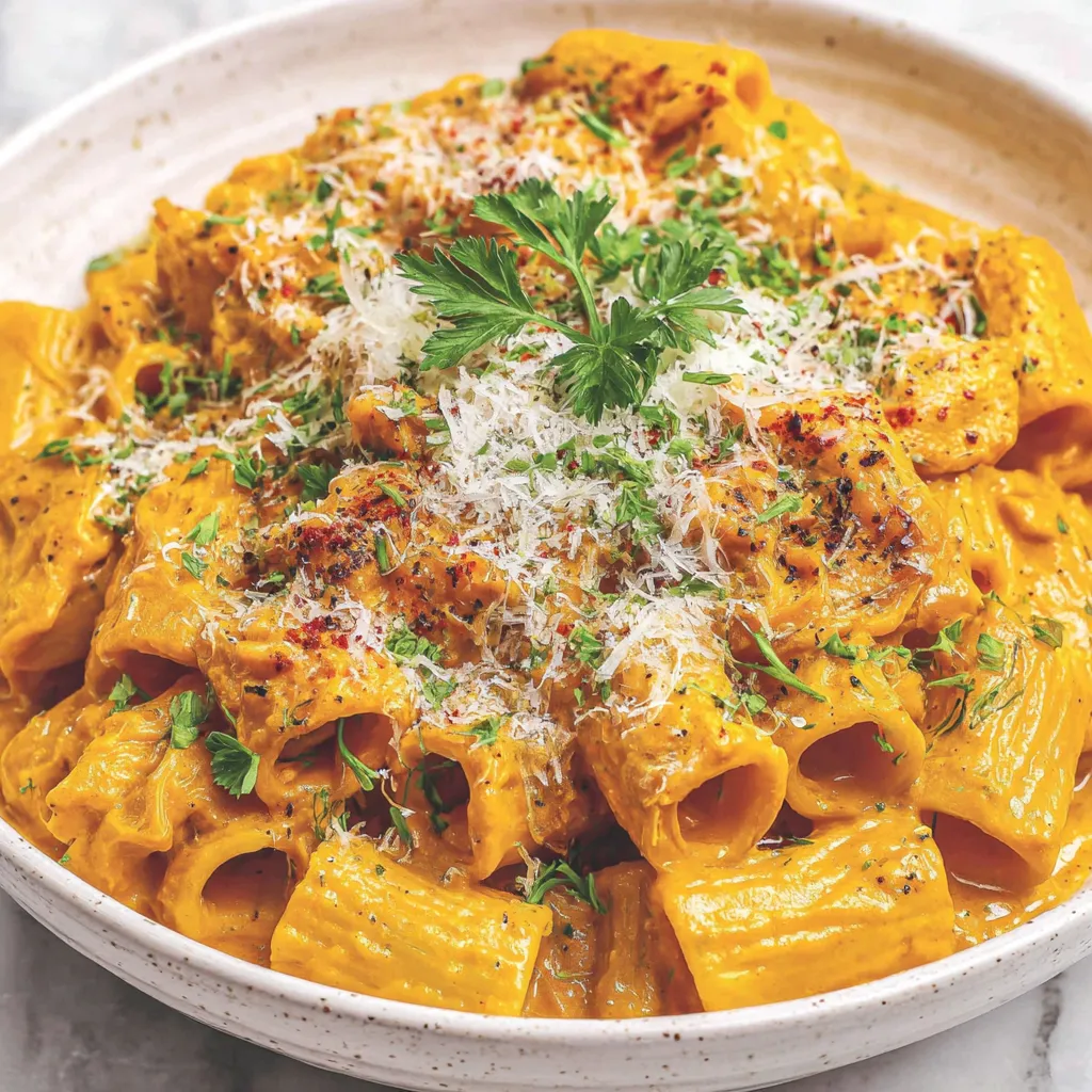 A bowl of creamy pumpkin pasta.