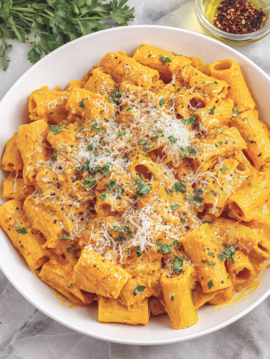 A bowl of creamy pumpkin pasta.