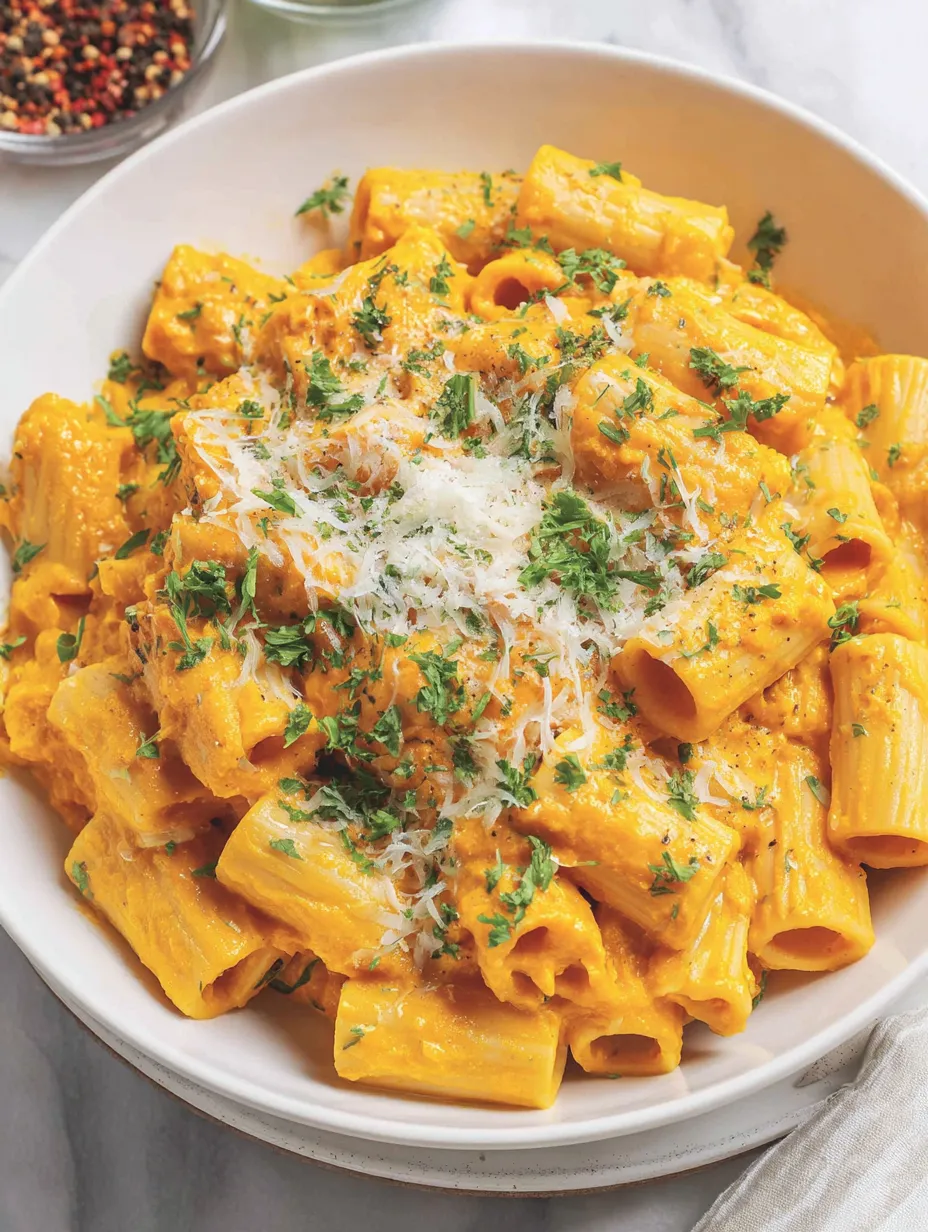 A bowl of creamy pumpkin pasta.