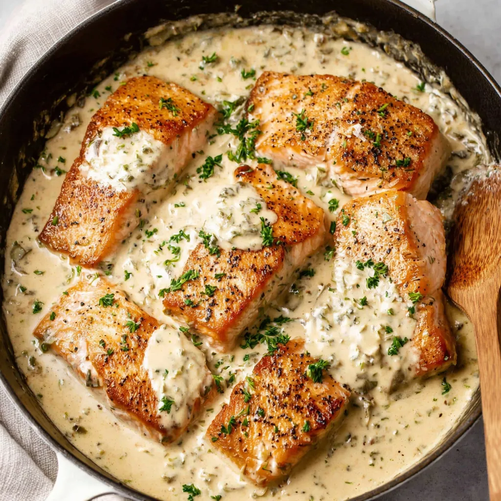 A pan of salmon with a white sauce.