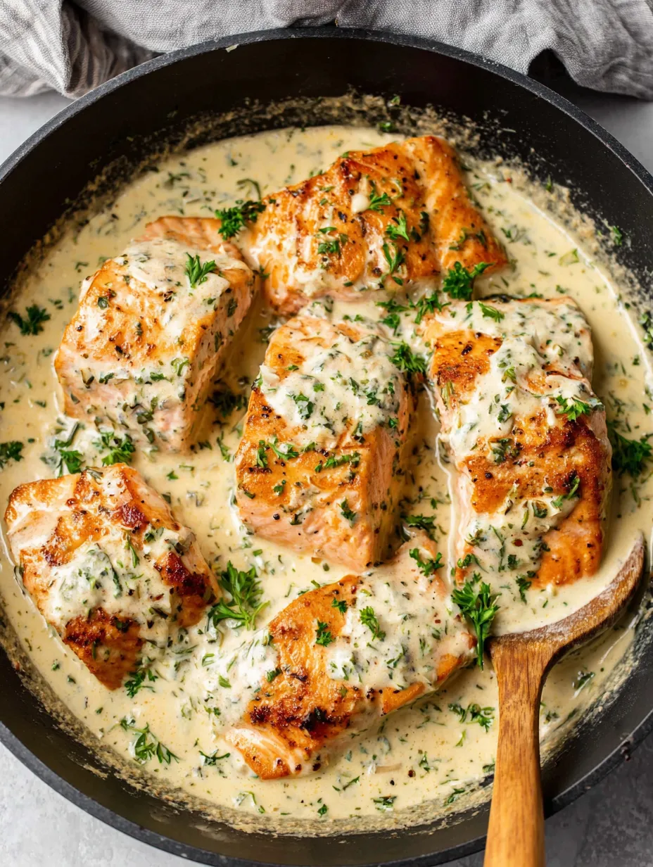 A pan of salmon with a white sauce.
