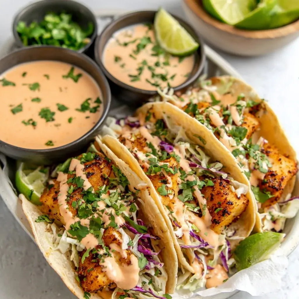 Fish tacos with sauce and lime.