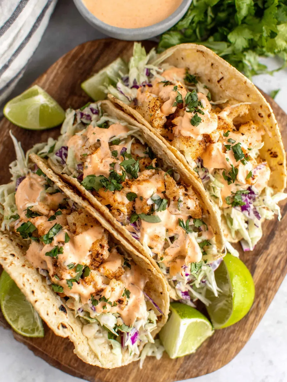 Fish tacos with coleslaw and sauce.