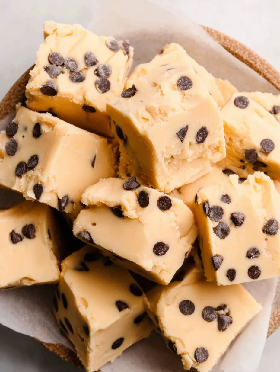 A plate of chocolate chip cookie dough fudge.
