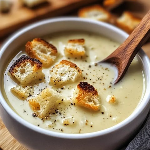 Cozy cream soup with crispy bread on top, spoon on the side.