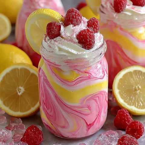 A jar of whipped pink lemonade with a lemon on top.