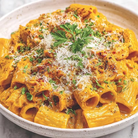 A bowl of creamy pumpkin pasta.